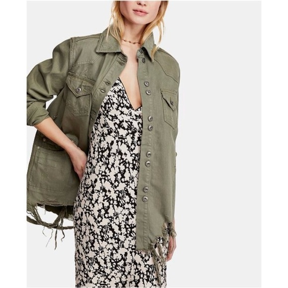 Free People Moonchild Distressed Denim Shirt Jacket Moss Green Small - Picture 1 of 16
